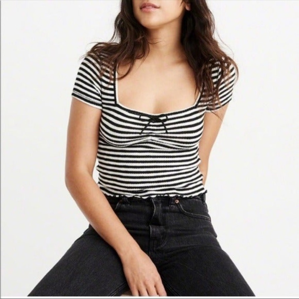 Abercrombie and Fitch Black and White Striped Square neck ribbed short sleeve